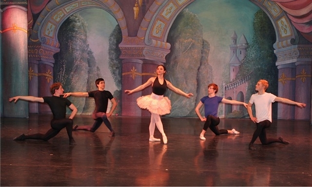 Nathaniel Dombek, Maiki Saito, Michael Holden and Boomer Druchniak surround Janet Davis in rehearsal for Maine State Ballet’s “Sleeping Beauty.”