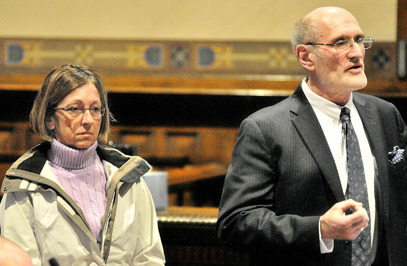 Staff photo by Joe Phelan Attorney Leonard Sharon, right, who represents Carole Swan speaks during her bail hearing on Friday morning in Kennebec County Superior Court in Augusta.