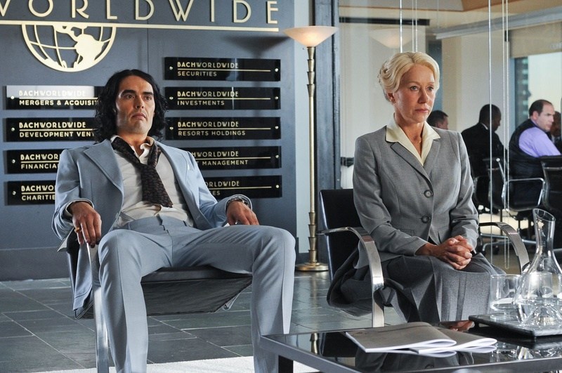 Russell Brand and Helen Mirren in “Arthur,” a remake of the 1981 Dudley Moore film that is painfully unfunny despite a graceful turn by Mirren in the role originally played by John Gielgud. Arthur-RUSSELL BRAND Hobson-HELEN MIRREN
