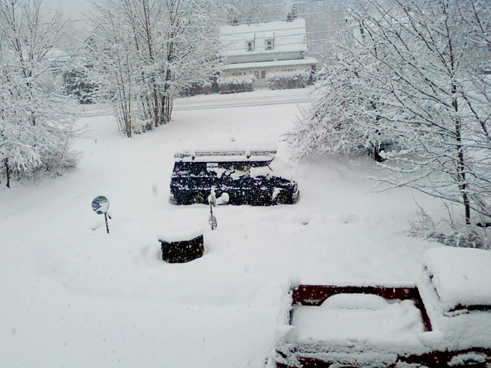 Photo submitted by Lanci Hodgkin shows the scene in Springvale this morning. Heavy snow and wind gusts are causin Central Maine Power Co. to brace for power outages. Photo by Lanci Hodgkin