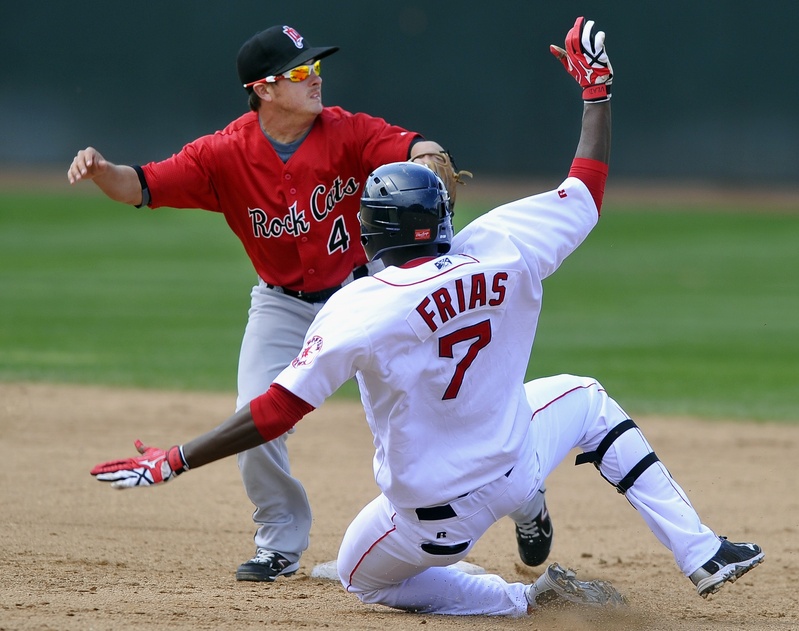 Portland's Vladimir Frias turns his hit into a double as he slides into second, where New Britain shortstop Chris Cates awaits the throw from right field Saturday.