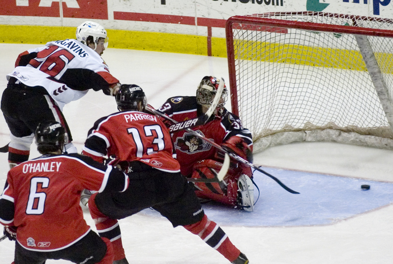 Binghamton's Kaspars Daugavins scores one of his two goals in tonight's game as the Senators crushed the visiting Pirates 6-1 to take a 3-1 series lead in the Eastern Conference semifinals.