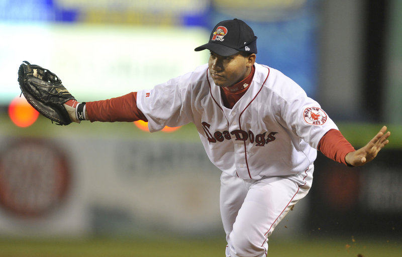 Sea Dogs first baseman Jorge Padron waves off the pitcher after fielding a ground ball in a game against Binghamton in April. The Dogs take on Reading Tuesday and Wednesday at Hadlock Field.