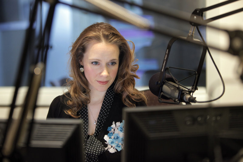 Suzanne Nance prepares for her “Morning Classical Music” show, top, in a Maine Public Broadcasting Network studio in Portland on Tuesday.