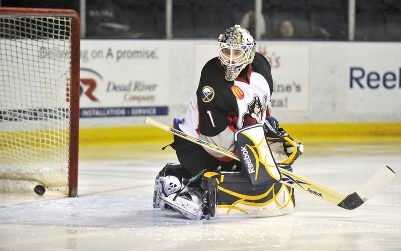 Portland goaltender Jhonas Enroth is stunned by a Binghamton goal on the Senators first shot of the game, by Jim O Brien 25 seconds into the game. Binghamton won 3-0 to clinch the series, 4-2.