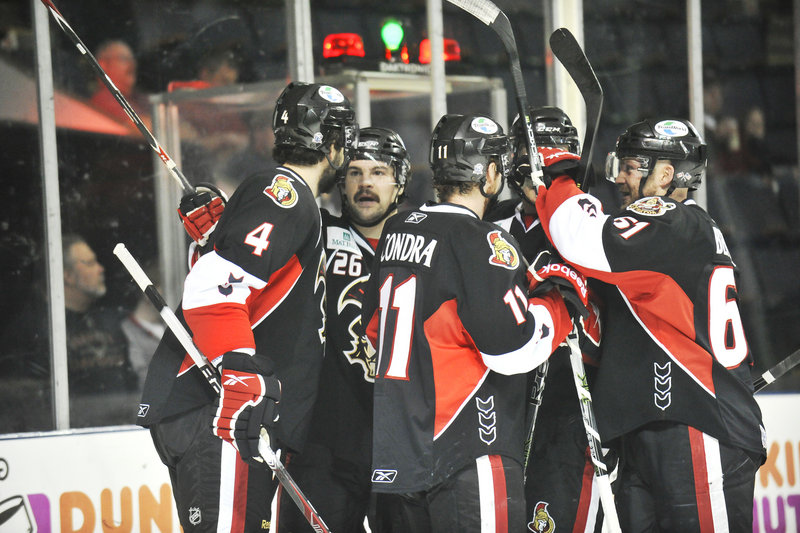 The Binghamton Senators celebrate Jim OBriens goal 25 seconds into the game Friday night at the Cumberland County Civic Center. It was not the start the Pirates would have liked.