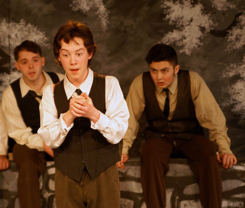 Nate Speckman as Melchior, left, Dylan Chestnutt as Moritz and Luke Sisselman as George in “Spring Awakening.”