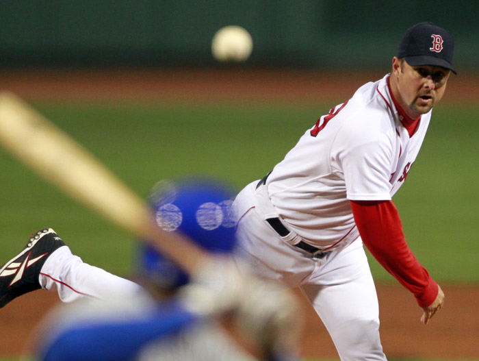 Boston Red Sox's Tim Wakefield pitches in the first inning of a game against the Chicago Cubs at Fenway Park on Sunday.