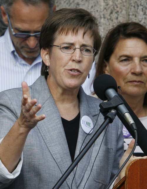 Betsy Smith of EqualityMaine speaks today at the news conference in Lewiston.