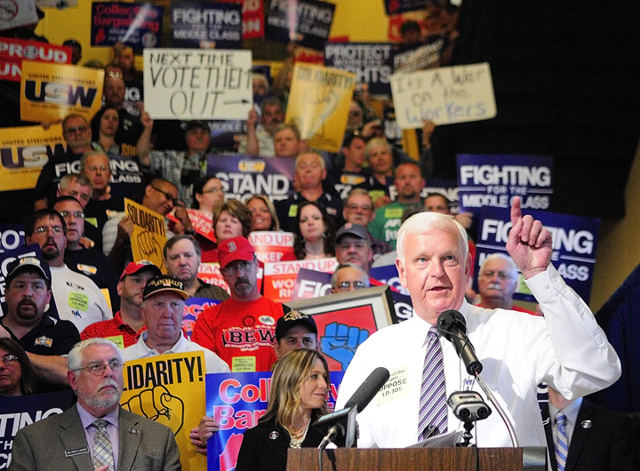 Lewiston Mayor Larry Gilbert speaks during a new conference and rally to oppose LD 309 held in the State House before a hearing on the bill today. Over 600 people attended the event in the Hall of Flags outside Gov. Paul LePage's office.