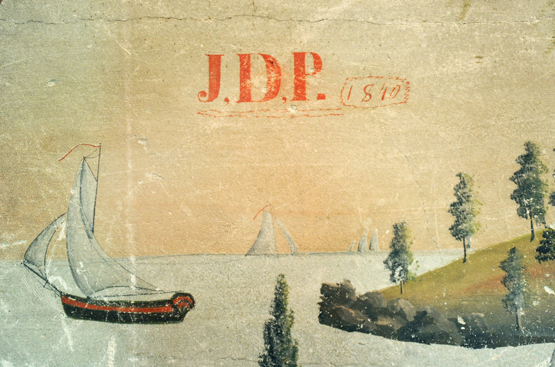 The murals were painted by Jonathan Poor, who left his initials and the date, 1840, on this detail.