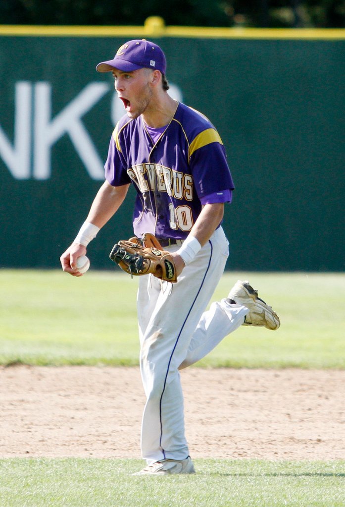 Nick Melville of Cheverus reacts Wednesday after taking a throw at second for a force that ended the 2-0 victory against Westbrook.