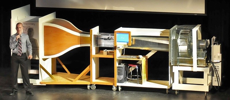 Before faculty and students on Thursday, Freeport High junior Evan Goodwin presents the wind tunnel he and others designed and built. It can generate wind speeds up to 175 mph.