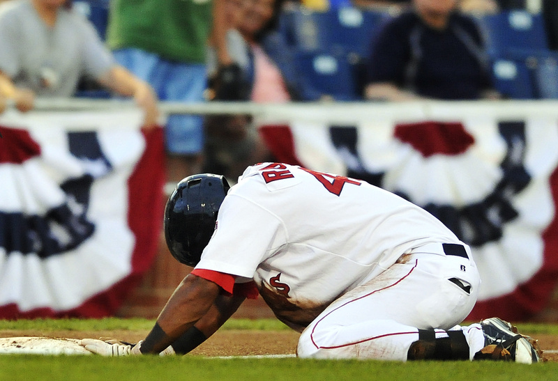 Reynaldo Rodriguez of the Sea Dogs reacts after being thrown out while trying to stretch a double into a triple in a 6-2 loss to the Fisher Cats on Friday night at Hadlock Field.