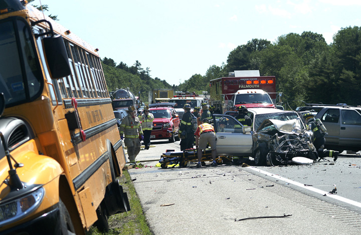 Scene of a crash involving a school bus on I-295 northbound near the Falmouth-Cumberland town line in May 2014.