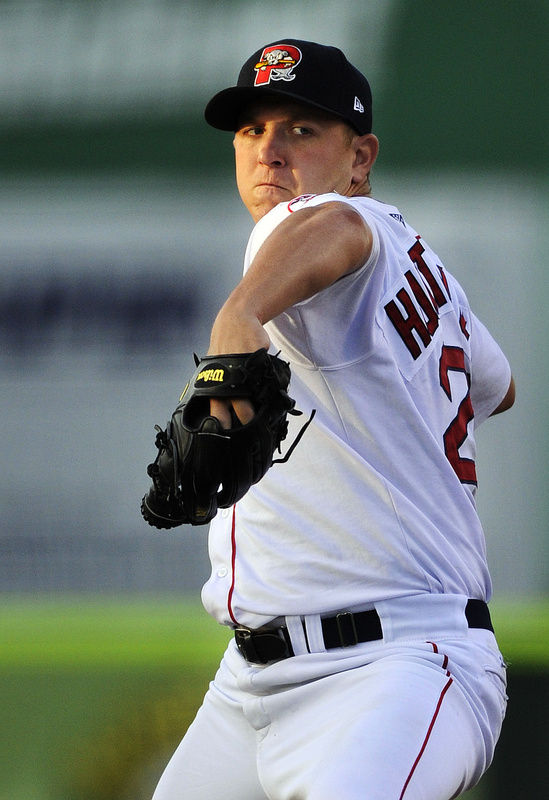 Sea Dogs starter Brock Huntzinger delivers a pitch Friday night against the Fisher Cats. Huntzinger went four scoreless innings before giving up two home runs and taking the loss.