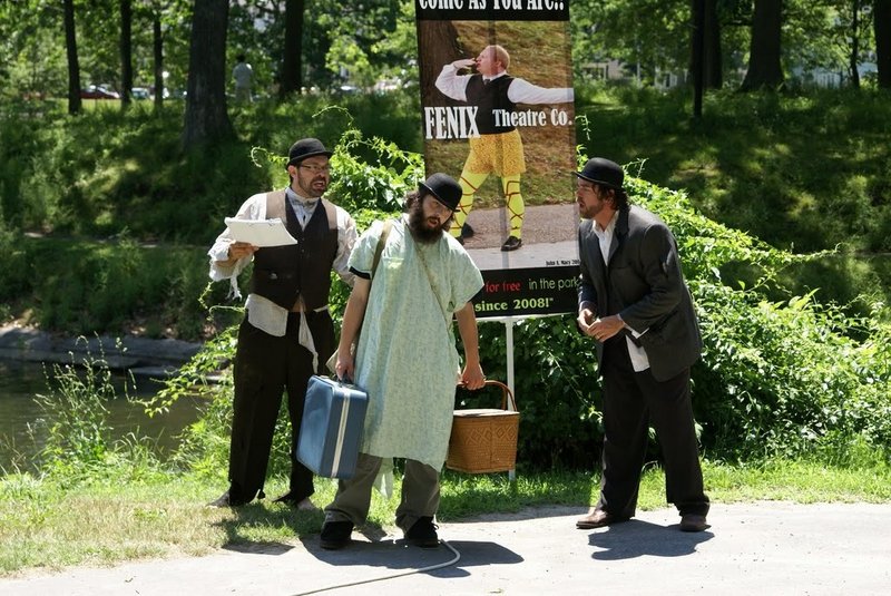 Bryant Mason, Johnny Speckman and Matt Delameter rehearse “Waiting for Godot” in Deering Oaks.