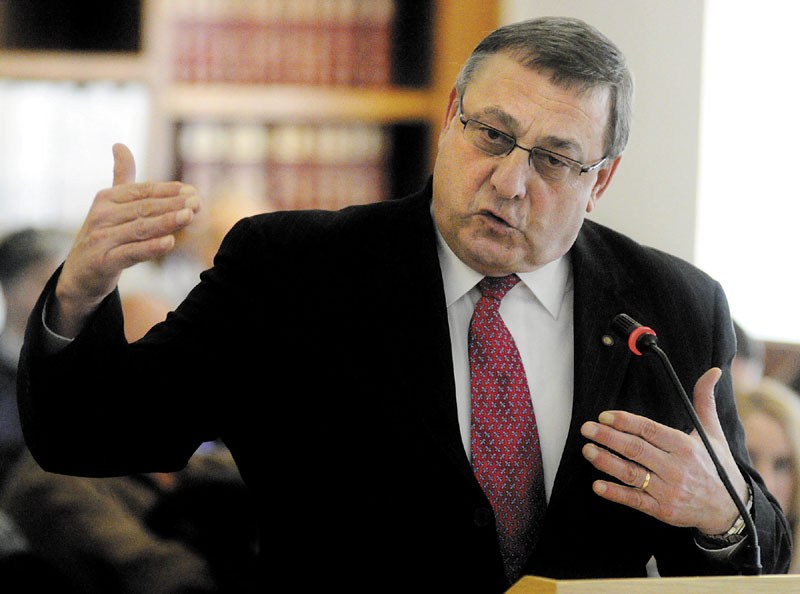 Gov. Paul LePage testifies before the Appropriations Committee during a March hearing about his administration’s budget proposals.