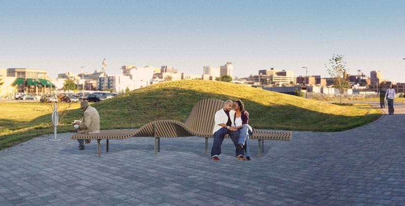 SkyeDesign's concept calls for two curved and undulating forms of wood slats, fastened to galvanized steel, on the Elm Street plaza near Trader Joe's. SkyeDesign proposes a third bench -- two-sided, folded and curved -- at the rear of the Planet Dog building on Marginal Way. Its project would cost $42,500.