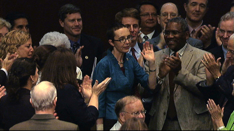 Rep. Gabrielle Giffords, D-Ariz., appears on the floor of the House of Representatives on Monday to vote for the first time since she was shot earlier this year.