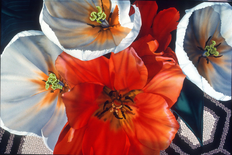 “Tulips on Carpet” is one of Beverly Hallam’s trademark flower paintings.