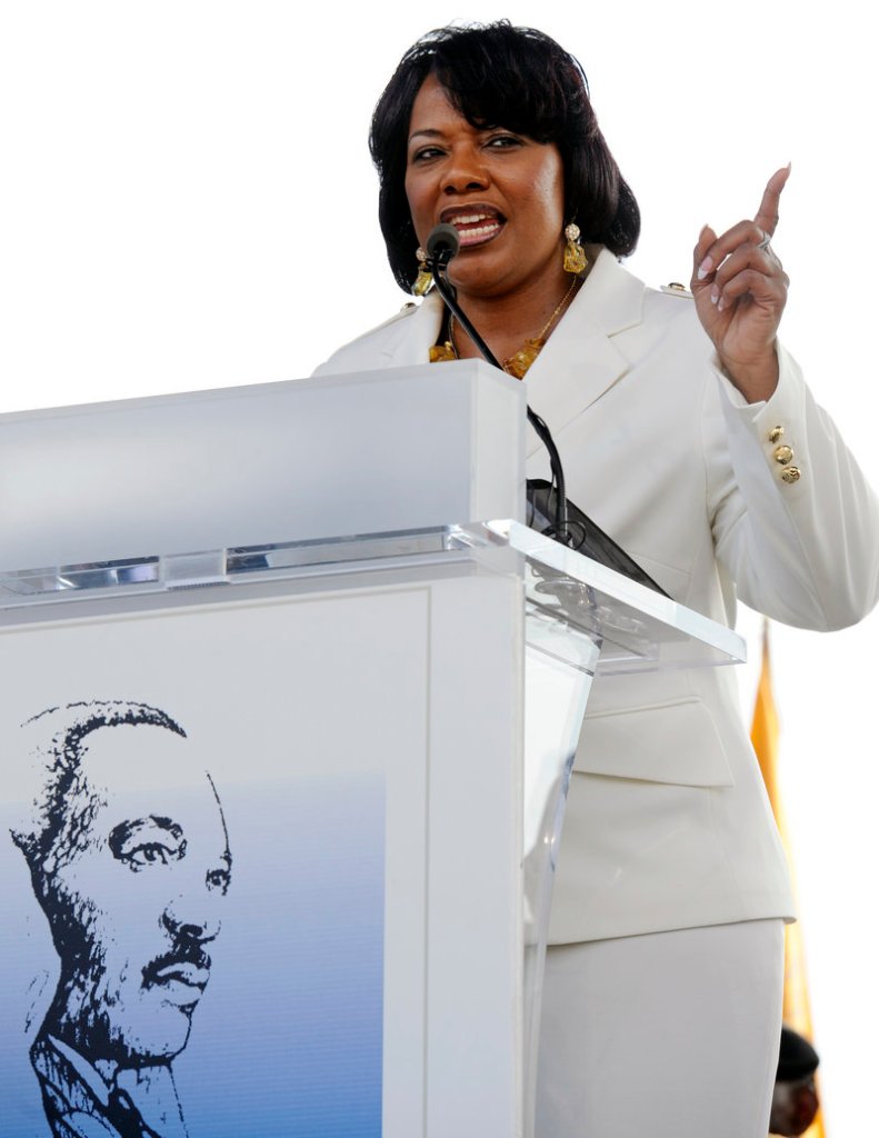 The Rev. Bernice King, daughter of slain civil rights leader Martin Luther King Jr., gives a spontaneous address Friday at his memorial site.
