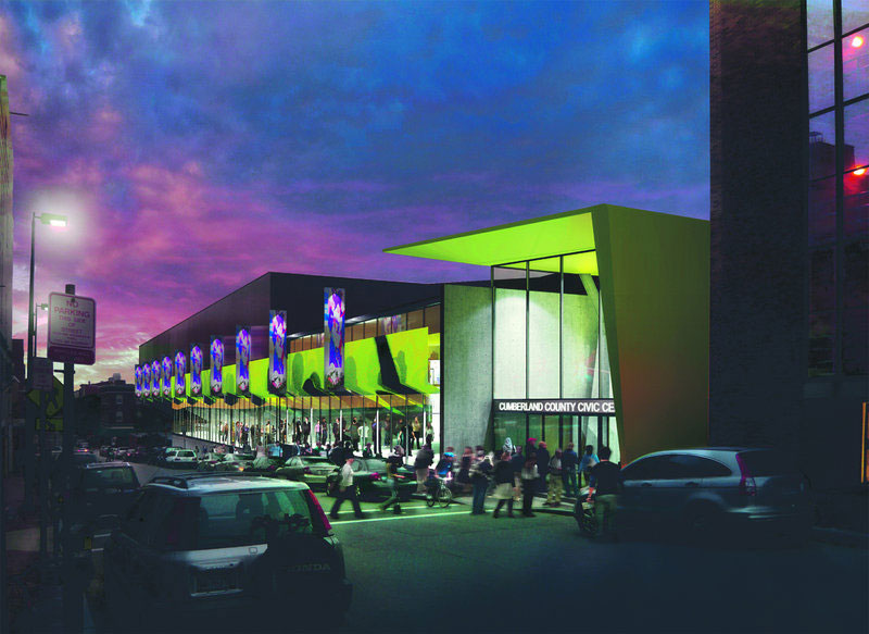 This rendering shows how the proposed civic center would look when viewed from Free Street in Portland.