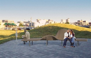 SkyeDesign’s concept calls for two curved and undulating forms of wood slats, fastened to galvanized steel.