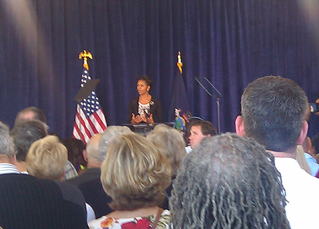 Michelle Obama addresses supporters at a fundraiser at the Ocean Gateway terminal today: "Change that is lasting and meaningful takes time."