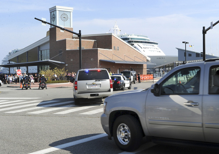 First lady Michelle Obama's motorcade arrives at the Ocean Gateway terminal in Portland for a fundraiser this afternoon.