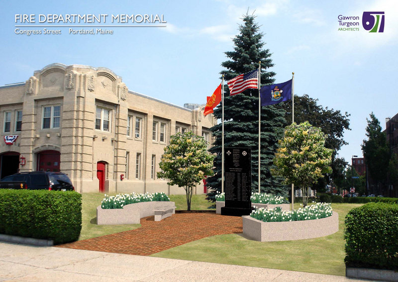 An artist's rendering shows the design of the memorial to fallen firefighters at Central Station on Congress Street.