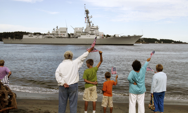 The $1 billion Navy destroyer USS Spruance passes Popham Beach in Phippsburg Thursday. The Spruance is on its way from Bath Iron Works, where it was built, to its commissioning in Key West, Fla., on Oct. 1. Its home port will be San Diego, Calif.