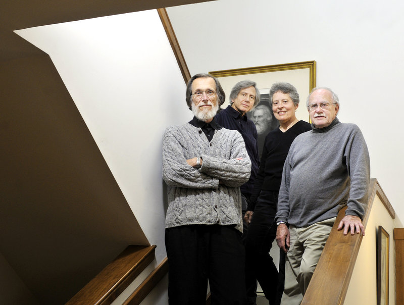 The Portland String Quartet is, from left, first violin Stephen Kecskemethy, second violin Ronald Lantz, viola Julia Adams and cello Paul Ross. Behind them is a signed portrait of Henry Wadsworth Longfellow.