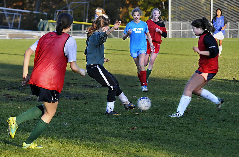 The Waynflete girls may have been practicing on grass at their regular field Tuesday, but they will be playing on turf today at Fitzpatrick Stadium when they take on St. Dominic at 3 p.m. for the Western Class C soccer championship and a berth in the state final.