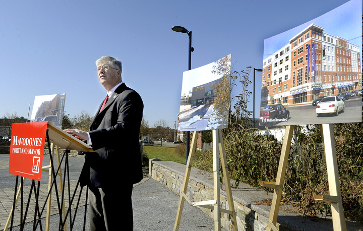 Portland City Councilor and incumbent mayor Nicholas Mavodones holds a press conference along the Bayside Trail today.