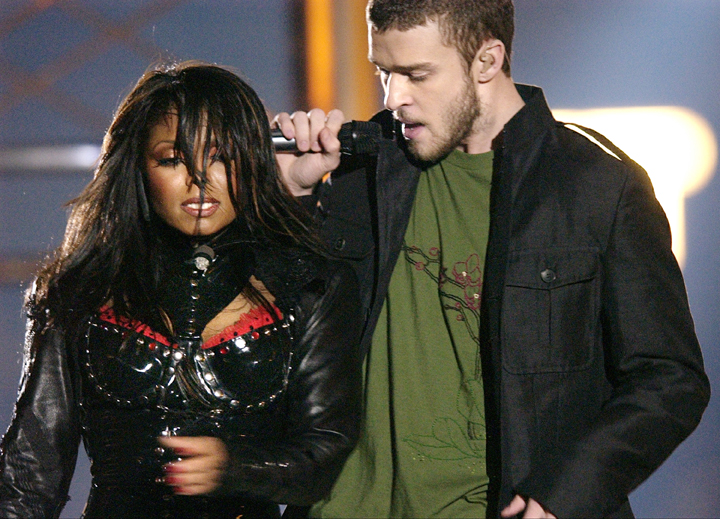 In this Feb. 1, 2004, photo, singers Justin Timberlake and Janet Jackson perform during half time at Super Bowl XXXVIII in Houston.