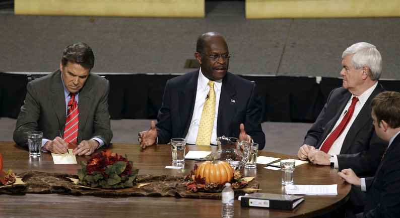 Republican presidential candidates Texas Gov. Rick Perry, left, former CEO of Godfather's Pizza Herman Cain, center, and former House Speaker Newt Gingrich participate in the Thanksgiving Family Forum sponsored by The Family Leader, in Des Moines, Iowa, on Saturday. Candidates for the Republican Party's presidential nomination have been subjected to a seemingly endless series of televised debates.