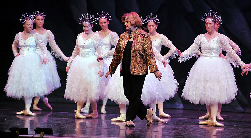 Linda MacArthur Miele, Maine State Ballet’s artistic director, works with dancers at a “Nutcracker” rehearsal. Miele said she had not planned to change the show’s principals, but seeing Elise Bickford and Michael Holden together at auditions inspired her.