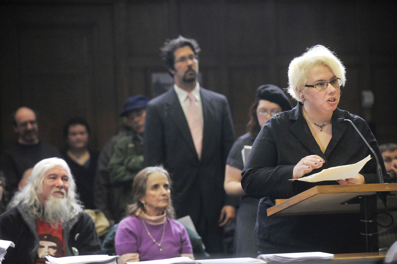 At a public hearing before the Portland City Council, Tabitha Woodside of Portland speaks in support of Occupy Maine as its organizers sought a permit Wednesday to continue a 24-hour protest in Portland’s Lincoln Park. More than 50 people spoke during a three-hour public hearing, and all but a handful supported the encampment.