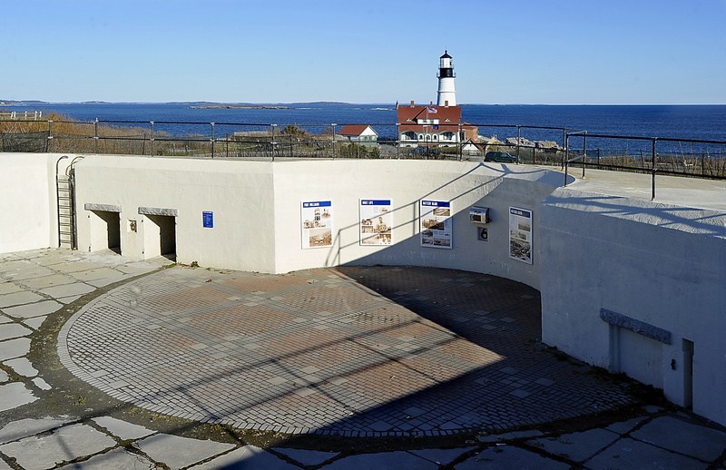 The lower section of Battery Blair at Fort Williams in Cape Elizabeth was covered nearly 40 years ago. The section that is still visible, above, holds signs for visitors.