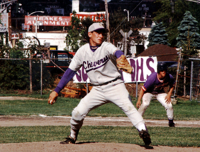 Family photo of Kevin MacDonald playing baseball in his senior year of high school.