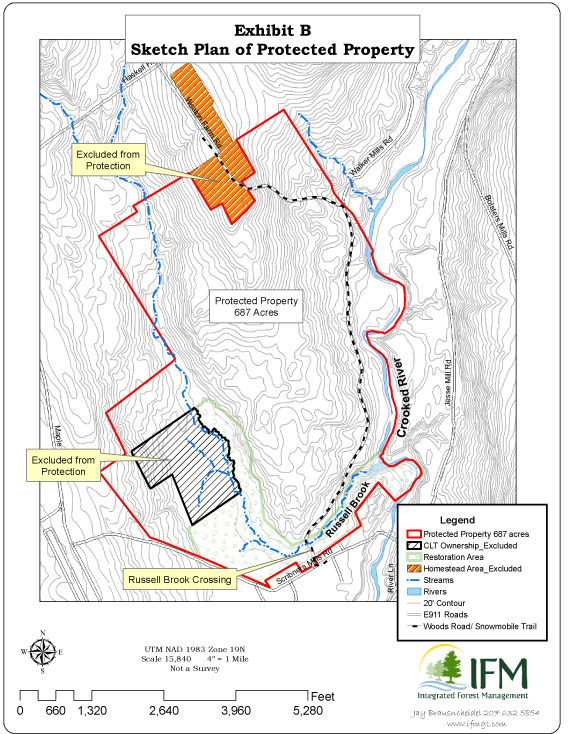 Owned by the Watkins family, this acreage in Harrison includes a mile of Crooked River frontage. One of the largest parcels in town, it will now be protected by a conservation easement.