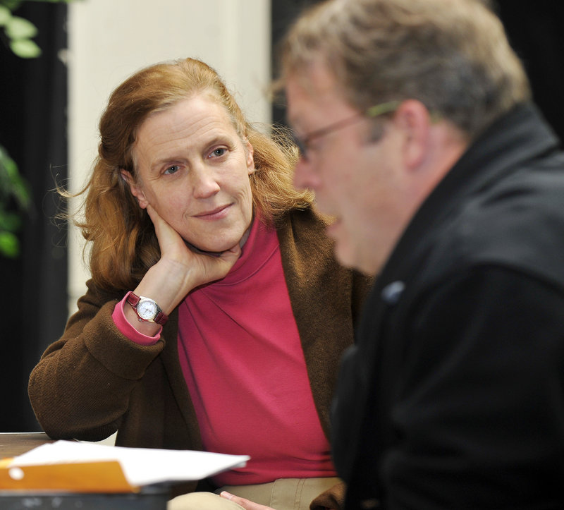 Anita Stewart, artistic and executive director of Portland Stage Company, listens to actor Tom Ford read during a recent brainstorming session.