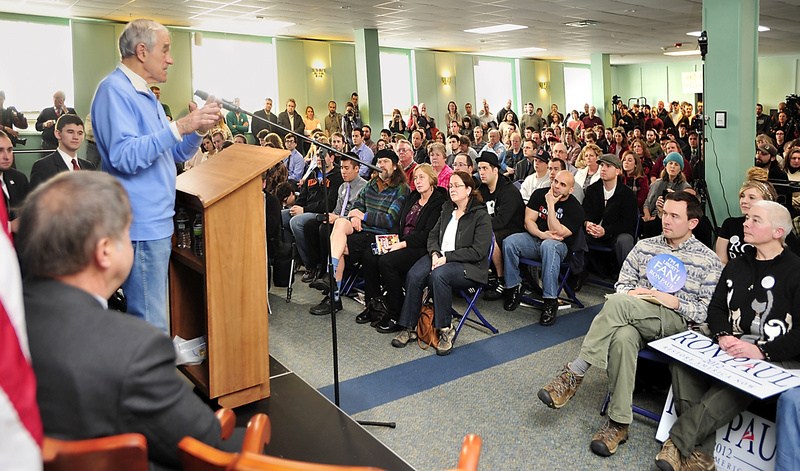 U.S. Rep. Ron Paul speaks to an overflow crowd at Hastings Hall on the Gorham campus of the University of Southern Maine on Saturday.