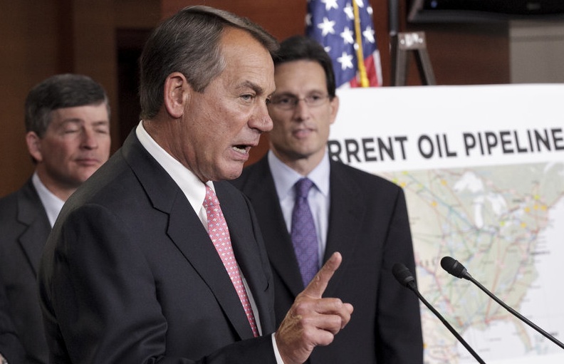 House Speaker John Boehner, center, speaks to reporters Wednesday about President Obama’s decision to halt the Keystone XL pipeline. Readers disagree whether the pipeline would be a major source of jobs.