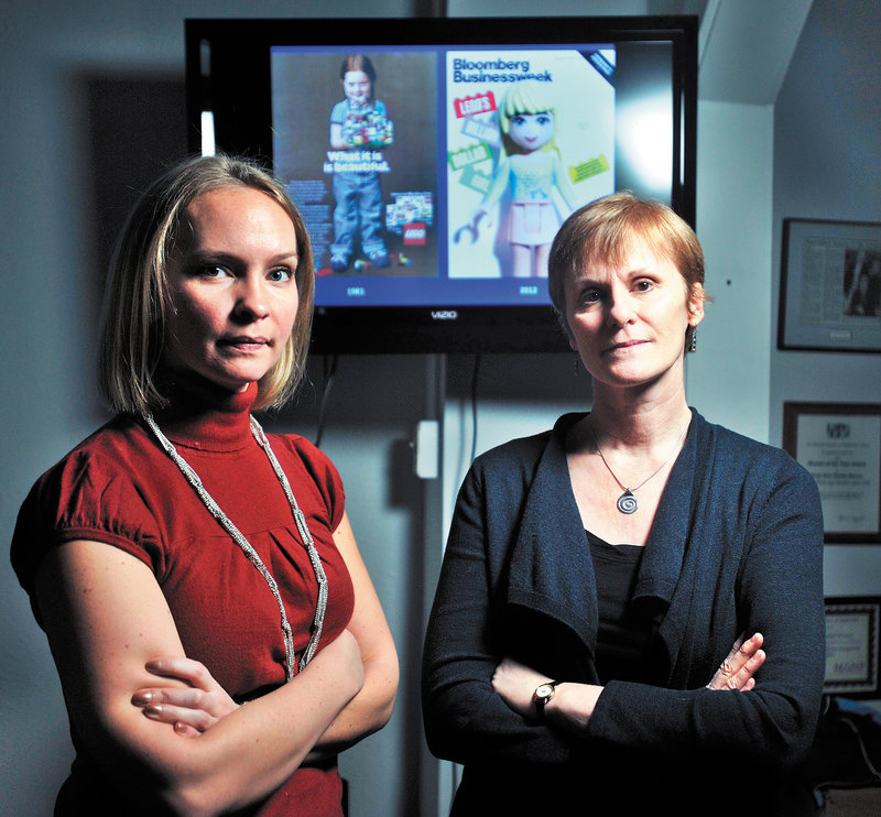 Megan Williams, left, president of the empowerment group Hardy Girls Healthy Women, and Colby education professor Lyn Mikel Brown are behind a protest of a new Lego line.