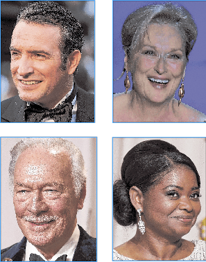 Clockwise from upper left: Best Actor, Jean Dujardin; Best Actress, Meryl Streep; Supporting Actor, Christopher Plummer; Supporting Actress, Octavia Spencer.