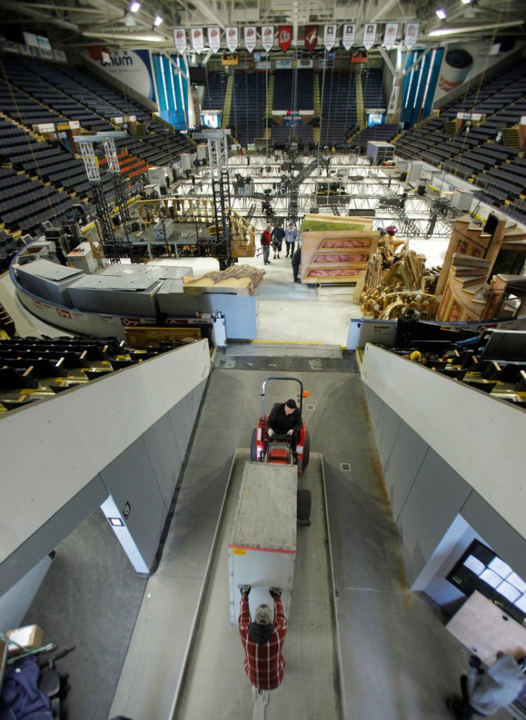 Equipment used to stage Disney on Ice is unloaded and brought into the Cumberland County Civic Center on Feb. 9. Proposed renovations include revamping the building’s loading dock area to allow three trucks to unload at once. Currently, only one truck can unload at a time, and the approach to the dock from Center Street is difficult for truckers to navigate.