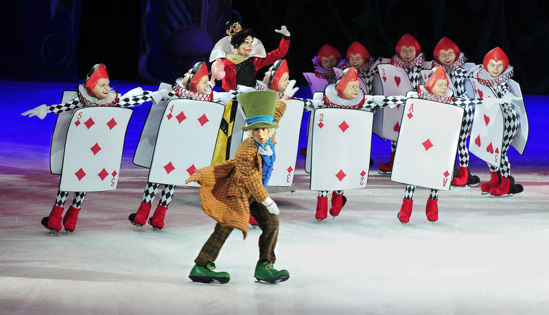 The Mad Hatter and the Queen of Hearts join an army of two-sided playing cards during part of the Disney on Ice show.