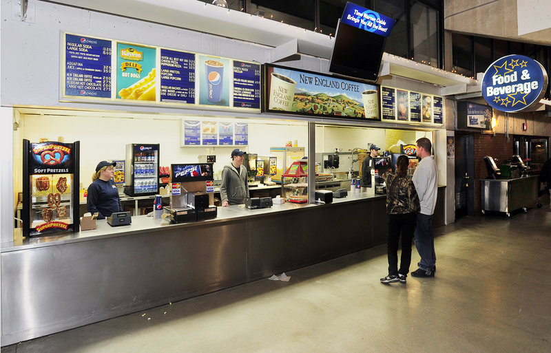 People attending the Disney on Ice show Feb. 9 visit one of the concession stands at the Cumberland County Civic Center. Room for concessions at the 35-year-old arena is tight, and the range of food and beverages sold is limited.